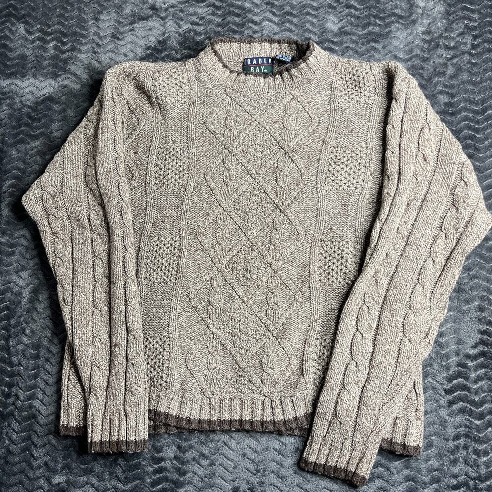 Vintage Trader Bay Sweater Mens M Beige Cable Knit Fisherman 90s